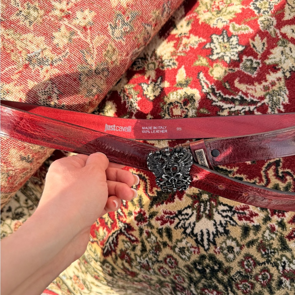Just Cavalli Deep Red Leather Belt with Ornate Buckle